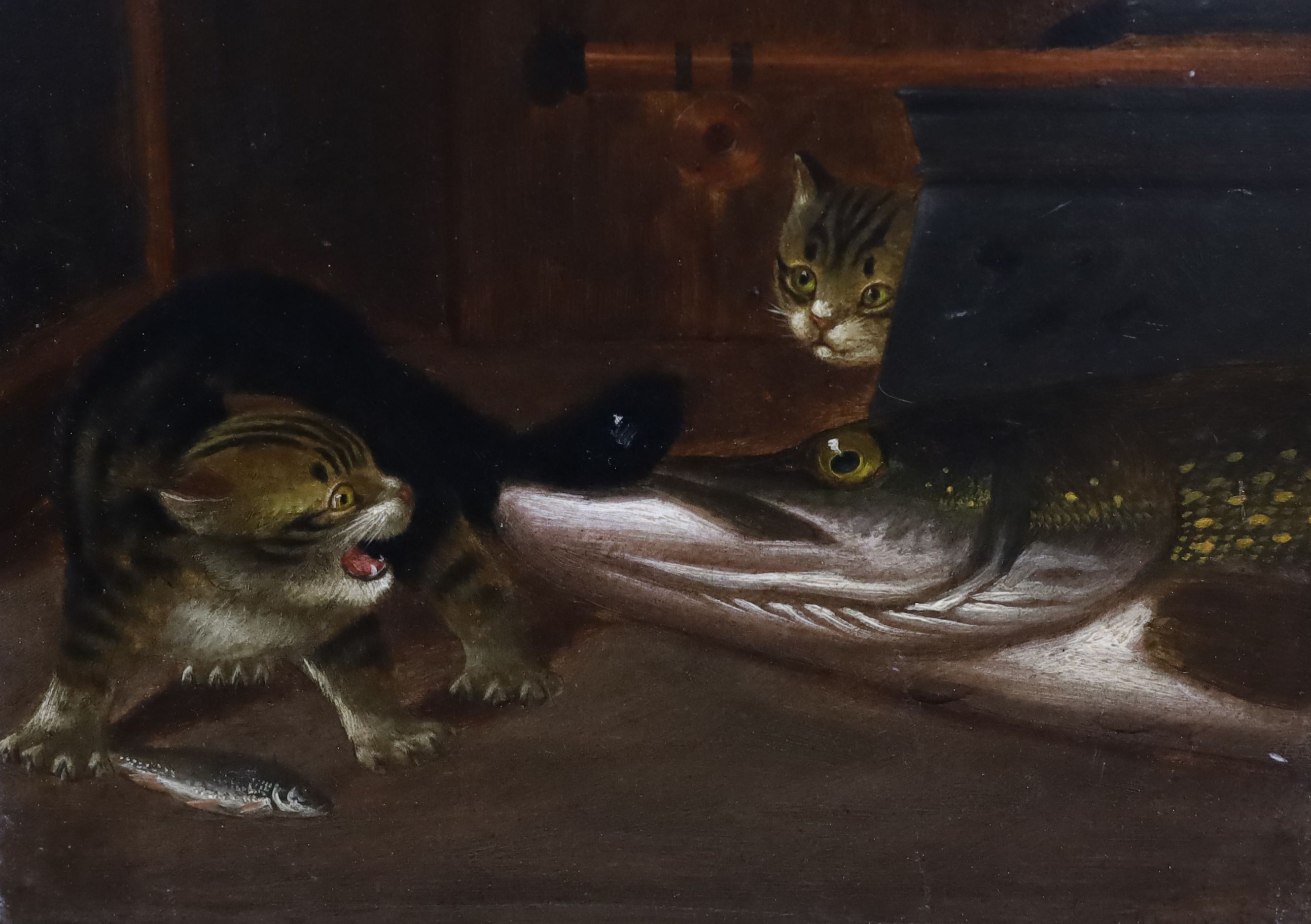 A. Rowland Knight (fl.1810-1840), Cat bitten by a pike, pair of oils on card, x